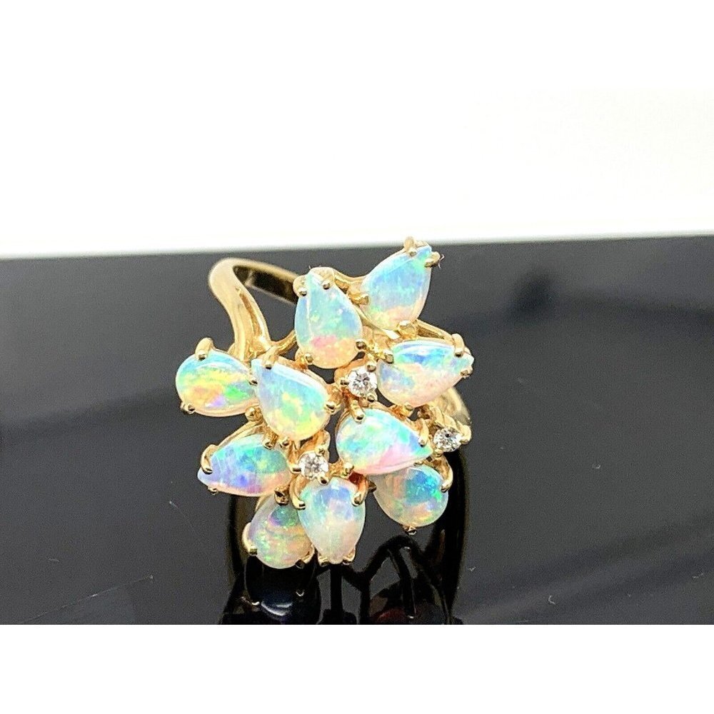 White Opal Diamond Cocktail Ring 18k Yellow Gold GIA Estate Women's Size…